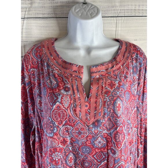 Talbots NEW Tunic Blouse PINK Geometric Long Bell Sleeve Sz XL Light Peasant - Picture 5 of 13